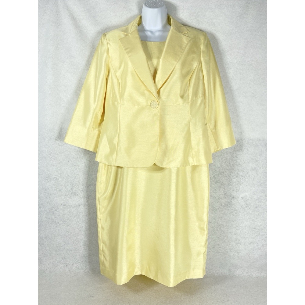 Le Suit 2PC Dress Suit Women's 14 Yellow Jacket Button Satin Long Sleeves Career